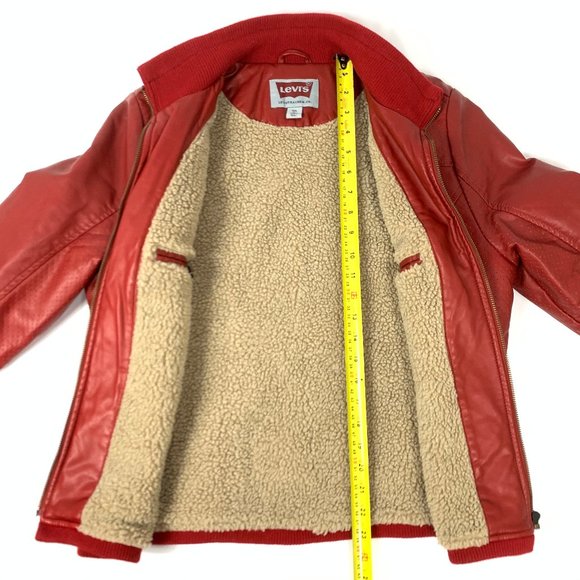 Levis Faux Red Leather Fleece Lined Truckers Jacket Medium - Picture 11 of 13